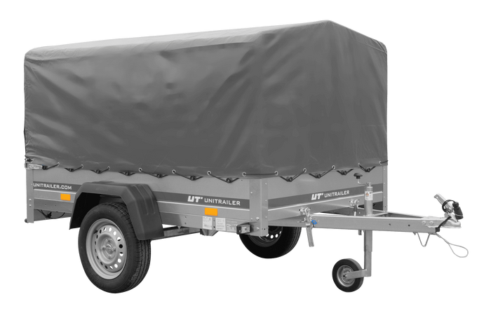 Enkelassige aanhanger 200x125 UNITRAILER GARDEN 201 KIPP met H-800 frame en grijze afdekking