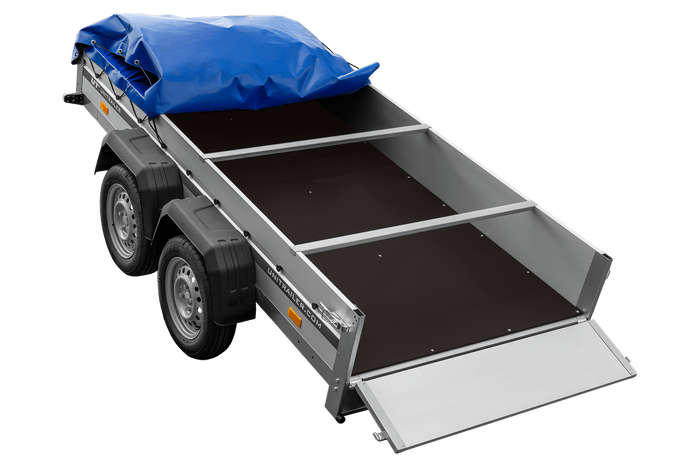 Tweeassige aanhanger met aluminium zijwanden 264x125 Unitrailer Garden 264/2 KIPP ALU met H-0 frame en blauwe afdekking