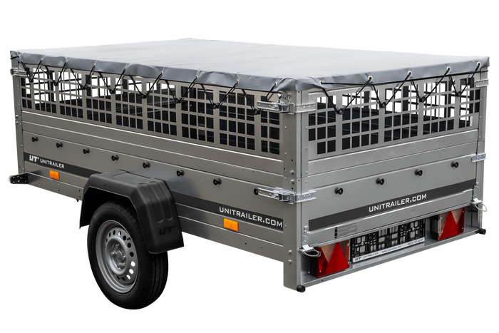 Kipper aanhanger voor personenauto Unitrailer GARDEN TRAILER 230 KIPP met steunwiel, gaaszijwanden en grijze vlakke afdekking op frame