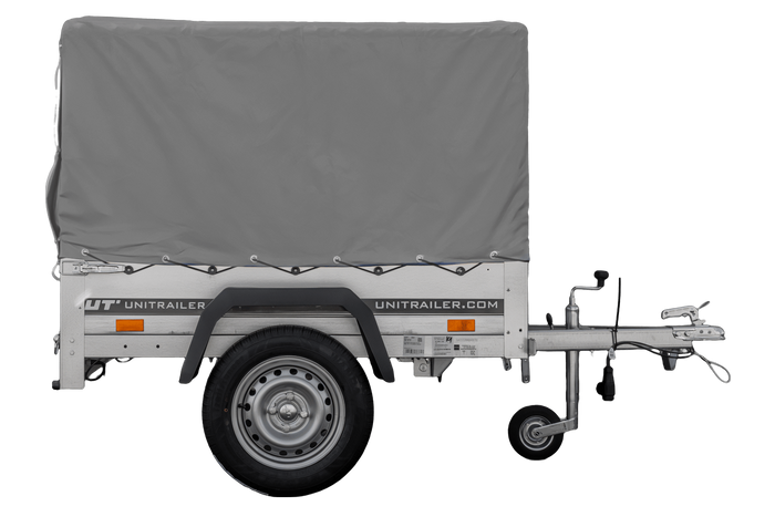 Enkelassige aanhanger 150x106 UNITRAILER GARDEN 150 KIPP met H-800 frame en grijze afdekking