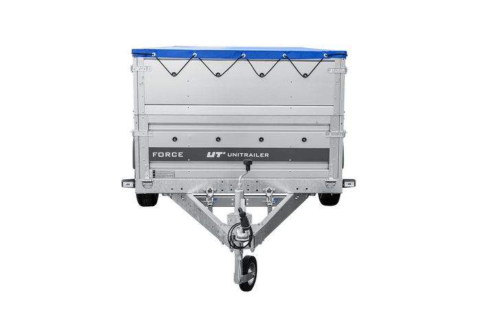 Enkelassige aanhanger op veren 264x125 UNITRAILER FORCE 264/R KIPP met BIS-zijwanden, H-0 frame en blauw dekzeil