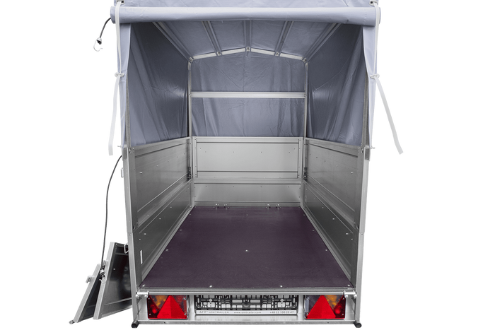 Enkelassige aanhanger 150x106 UNITRAILER GARDEN 150 KIPP met BIS-zijwanden, H-800 frame en grijze afdekking