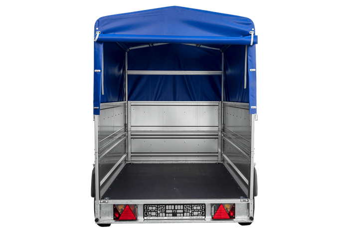 Autotransporter 230x125 UNITRAILER FORCE 230 KIPP met BIS-zijwanden, H-800 frame en blauwe afdekking
