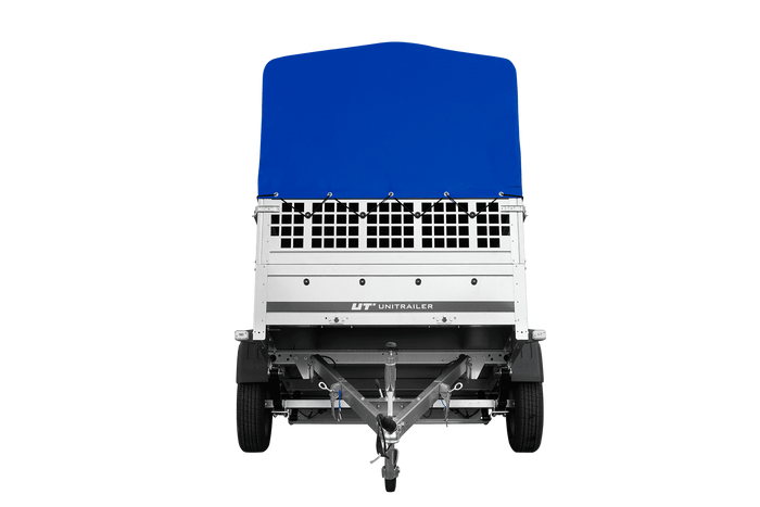 Enkelassige aanhangwagen op veren 200x125 UNITRAILER GARDEN 201/R KIPP met roosterwanden, H-800 frame en blauwe afdekking