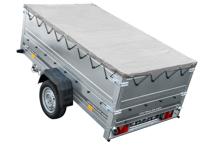 Eenassige aanhanger met een GARDEN TRAILER 230 KIPP met een steunwiel, twee zijkanten en een grijze vlakke kap