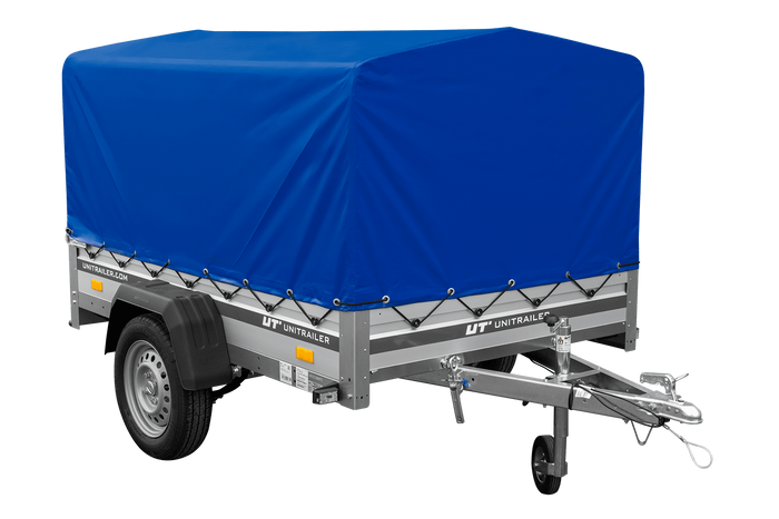 Autoaanhanger op veren met aluminium zijwanden 200x125 Unitrailer Garden 201/R KIPP ALU met H-800 frame en blauwe afdekking