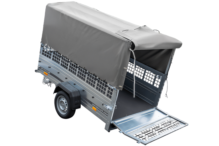 1-assige kiepwagen 230 x 125 Garden Trailer 230 KIPP met mesh boordwanden en H-800 frame met grijze kap