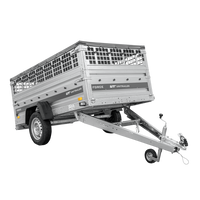 Enkelassige aanhanger 230x125 UNITRAILER FORCE 230 KIPP met gaaswanden, H-0 frame en grijze afdekking.