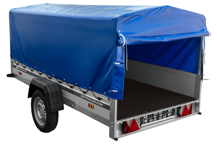 Enkelassige aanhanger met aluminium zijwanden 264x125 Unitrailer Garden 264 KIPP ALU met H-800 frame en blauwe afdekking