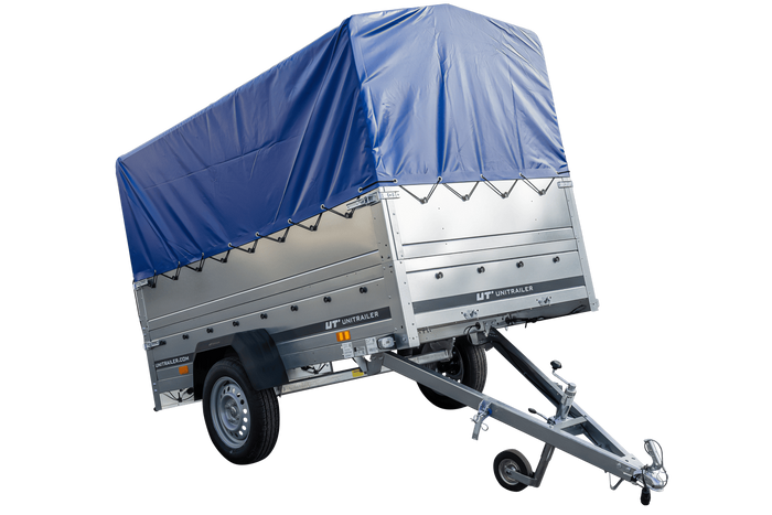 Lichte aanhanger 230x125 UNITRAILER GARDEN 230 KIPP met BIS-zijwanden, H-800 frame en blauwe afdekking
