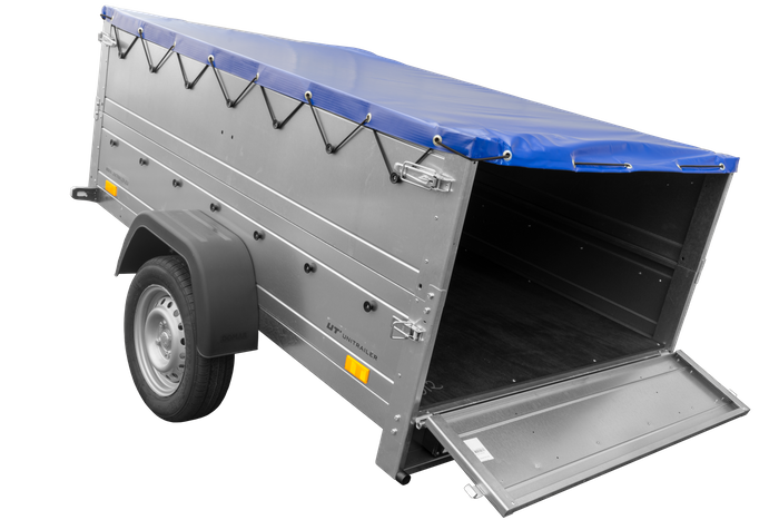 Unitrailer GARDEN TRAILER 201 KIPP met steunwiel, bis sideboards en blauw plat dekzeil