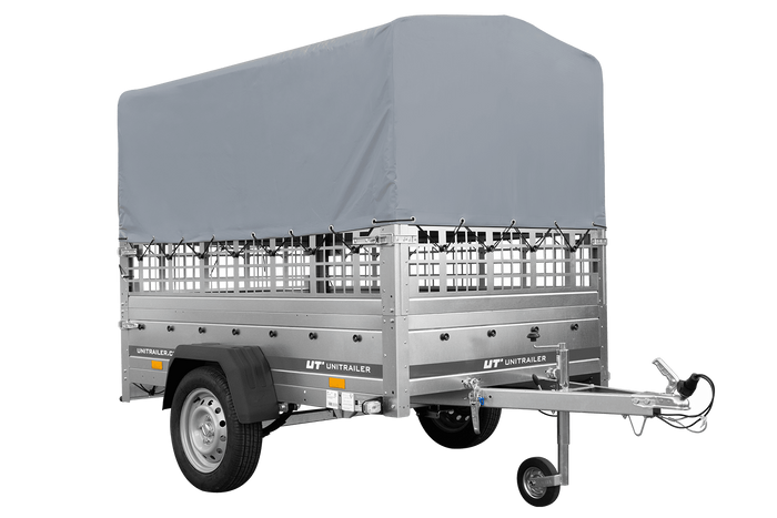 Enkelassige aanhangwagen op veren 200x125 UNITRAILER GARDEN 201/R KIPP met roosterwanden, H-800 frame en grijze afdekking