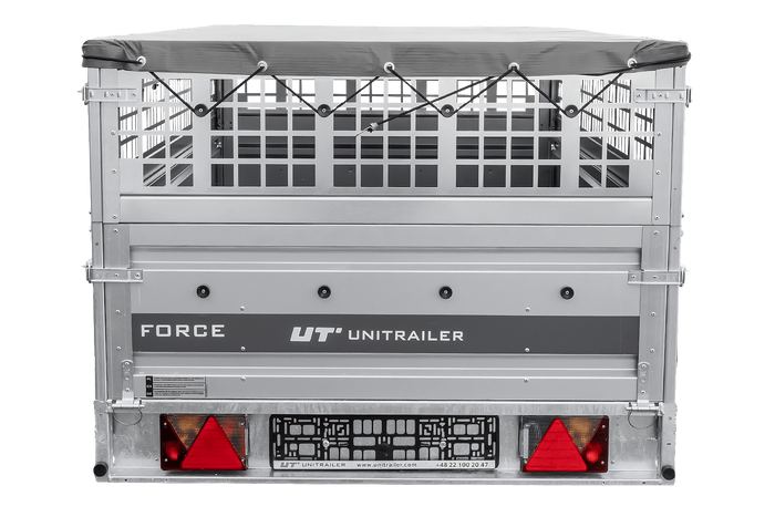 Enkelassige aanhanger 264x125 UNITRAILER FORCE 264 KIPP met gaaswanden, H-0 frame en grijze afdekking