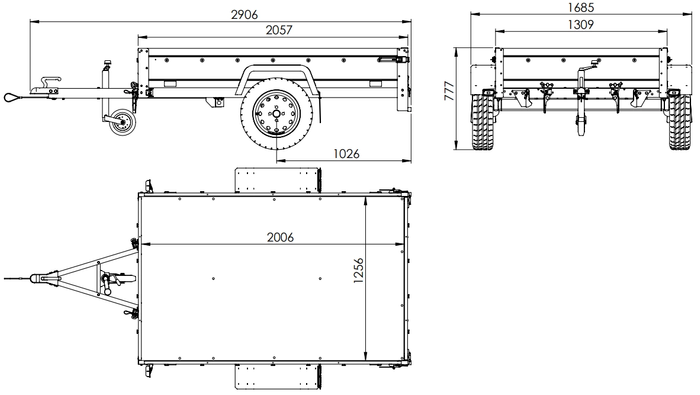 Autoaanhanger 200x125 UNITRAILER GARDEN 201 KIPP met gaaswanden, H-800 frame en grijs dekzeil
