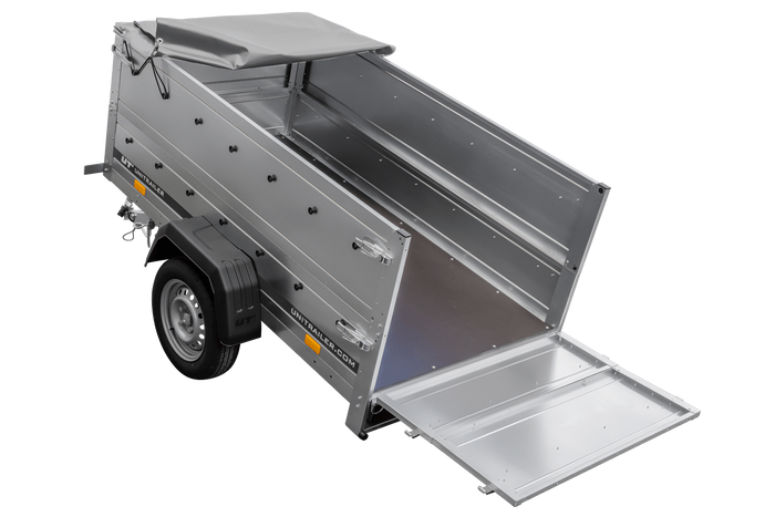Aanhanger voor de Unitrailer GARDEN TRAILER 200 KIPP auto met steunwiel, twee zijkanten en een vlakke afdekking, grijs