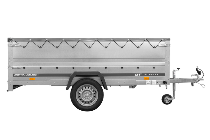 Enkelassige aanhangwagen op veren 264x125 UNITRAILER GARDEN 264/R KIPP met BIS zijwanden, H-0 frame en grijs zeil