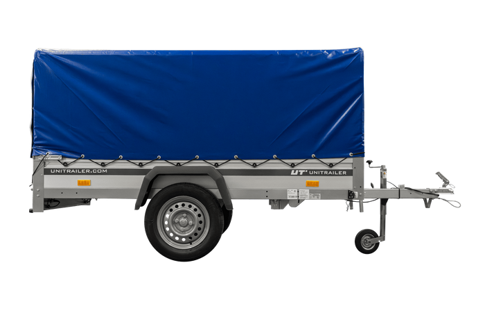Enkelassige aanhanger met aluminium zijwanden 230x125 Unitrailer Garden 230 KIPP ALU met H-800 frame en blauwe afdekking