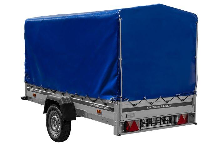 Autoaanhanger met aluminium zijwanden 264x125 Unitrailer Garden 264 KIPP ALU met H-1100 frame en blauwe afdekking