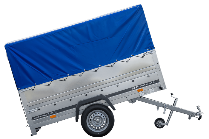 Lichte aanhanger 230x125 UNITRAILER GARDEN 230 KIPP met BIS-zijwanden, H-800 frame en blauwe afdekking