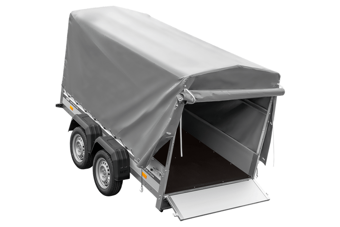 Tweeassige aanhanger met aluminium zijwanden 264x125 Unitrailer Garden 264/2 KIPP ALU met frame H-1100 en grijze afdekking