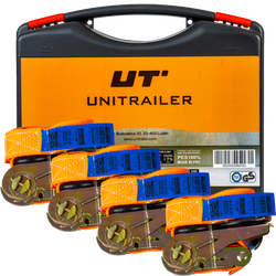 Set van vier UNITRAILER 4m/25mm/0.68t oranje transportbanden met spaninrichting in een koffer.