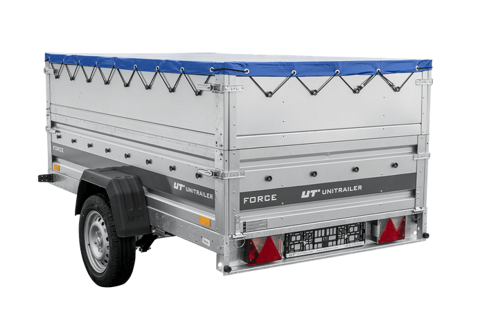 Autotransportaanhanger op veren 230x125 UNITRAILER FORCE 230/R KIPP met BIS-zijwanden, H-0 frame en blauwe afdekking