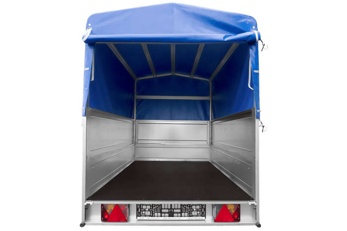 Enkelassige aanhanger 200x125 UNITRAILER GARDEN 201 KIPP met BIS-zijwanden, H-800 frame en blauwe afdekking