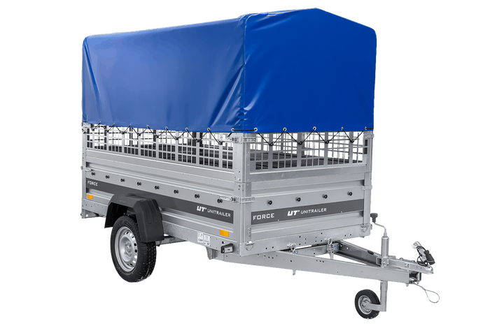 Enkelassige aanhanger 230x125 UNITRAILER FORCE 230 KIPP met gaaswanden, H-0 frame en blauwe afdekking.