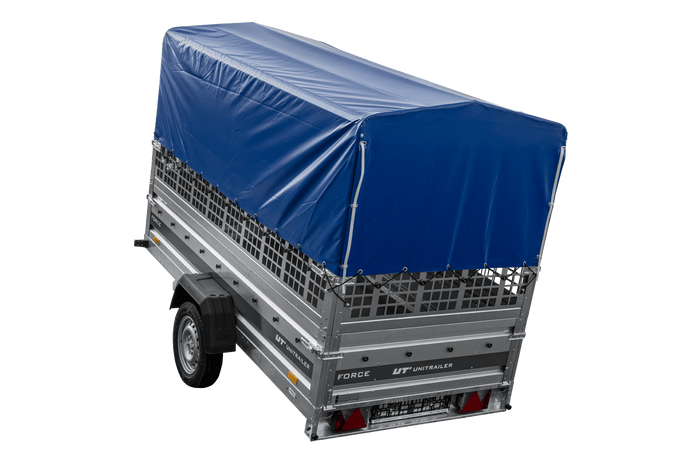 Autotransportaanhanger 264x125 UNITRAILER FORCE 264 KIPP met gaaswanden, H-800 frame en blauwe hoes