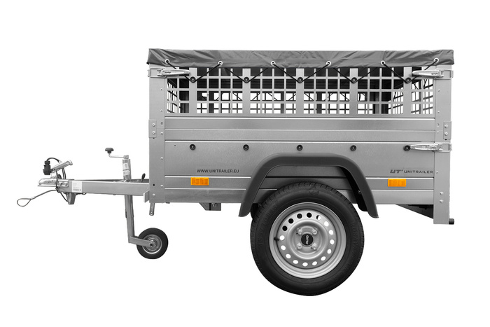 Kleine enkelassige aanhanger Unitrailer GARDEN TRAILER 150 KIPP met steunwiel, gaaswanden en een vlakke grijze kap