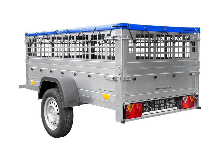 Garden trailer 200 kipp met steunwiel, gaaszijzijden en blauw plat dekzeil
