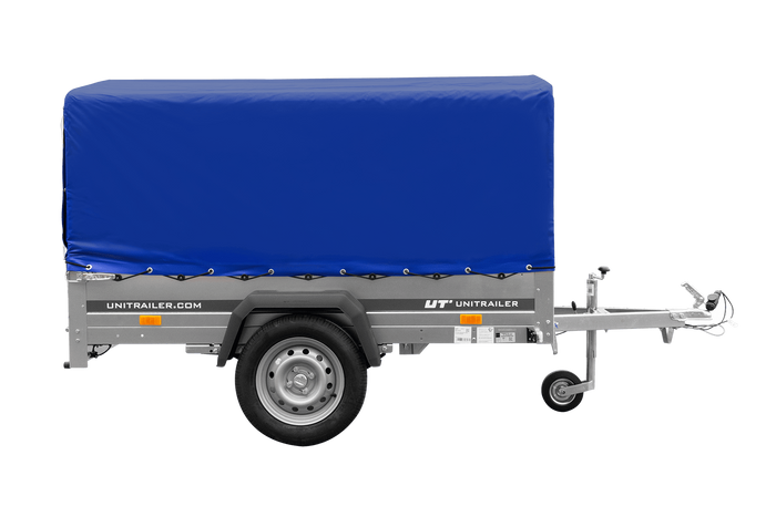Enkelassige aanhangwagen op veren 200x125 UNITRAILER GARDEN 201/R KIPP met H-800 frame en blauw dekzeil