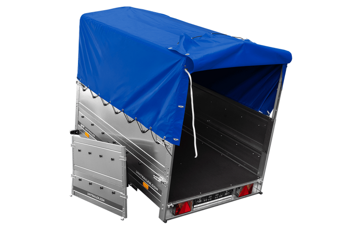 Lichte aanhangwagen op veren 200x125 UNITRAILER GARDEN 201/R KIPP met BIS zijwanden, H-800 frame en blauwe afdekking