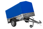 Enkelassige aanhanger met aluminium zijwanden 200x125 Unitrailer Garden 201 KIPP ALU met H-800 frame en blauwe afdekking