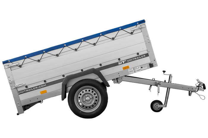 Autoaanhanger met aluminium zijwanden 200x125 Unitrailer Garden 201 KIPP ALU met BIS-zijwanden, H-0 frame en blauwe afdekking