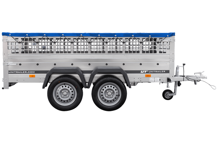 Lichte aanhanger 264x150 UNITRAILER GARDEN 265/2 KIPP met gaaswanden, H-0 frame en blauwe hoes