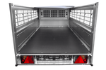Enkelassige aanhanger 200x106 UNITRAILER GARDEN 200 KIPP met gaaswanden, H-0 frame en grijze afdekking