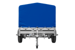 Enkelassige aanhanger op veren met aluminium zijwanden 230x125 Unitrailer Garden 230/R KIPP ALU met H-800 frame en blauwe afdekking