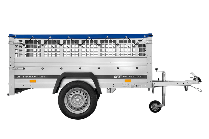 Lichte aanhanger 200x106 UNITRAILER GARDEN 200 KIPP met gaaswanden, H-0 frame en blauwe hoes