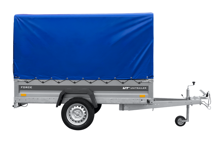 Lichte aanhanger 230x125 UNITRAILER FORCE 230 KIPP met H-1100 frame en blauwe hoes