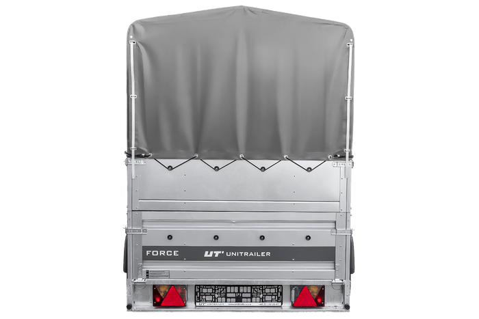 Enkelassige aanhanger op veren 230x125 UNITRAILER FORCE 230/R KIPP met BIS-zijwanden, H-800 frame en grijze afdekking