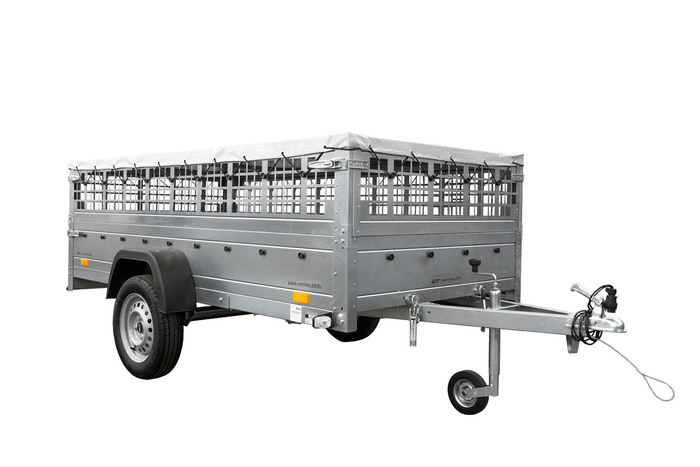 Enkelassige aanhangwagen 264x125 UNITRAILER GARDEN 264 KIPP met gaaswanden en grijs dekzeil