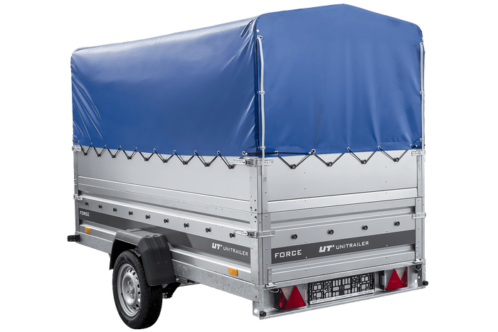 Lichte aanhanger op veren 264x125 UNITRAILER FORCE 264/R KIPP met BIS-zijwanden, H-800 frame en blauwe afdekking