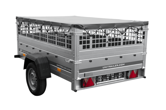 Autoaanhanger 200x125 UNITRAILER GARDEN 201 KIPP met gaaswanden, H-0 frame en grijze afdekking