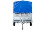 Enkelassige aanhanger 230x125 UNITRAILER GARDEN 230 KIPP met gaaswanden, H-800 frame en blauw dekzeil