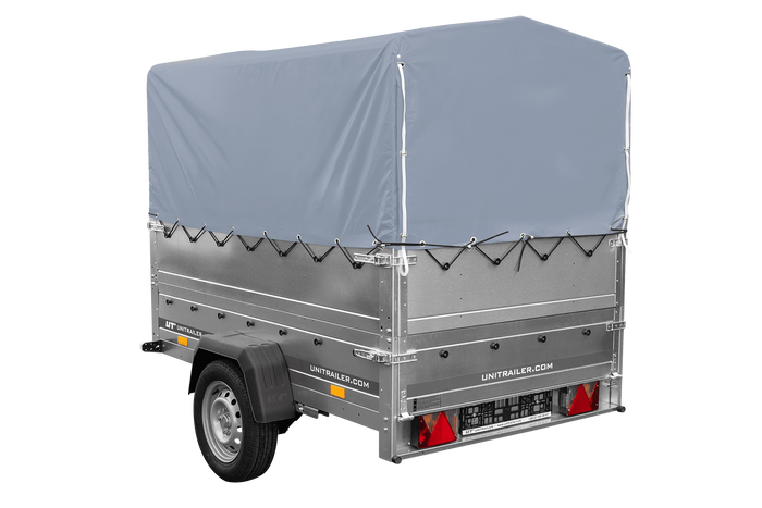 Lichte aanhangwagen op veren 200x125 UNITRAILER GARDEN 201/R KIPP met BIS zijwanden, H-800 frame en grijze afdekking