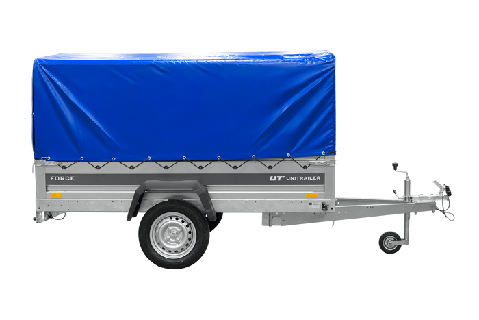 Enkelassige aanhanger 230x125 UNITRAILER FORCE 230 KIPP met H-800 frame en blauwe afdekking