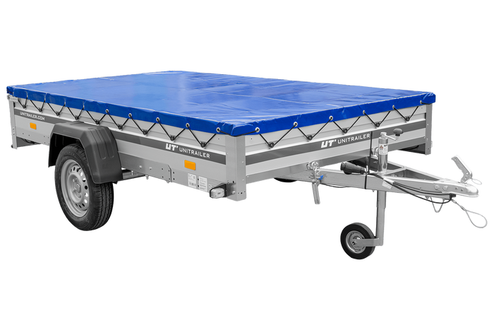 Autoaanhanger met aluminium zijwanden 264x150 Unitrailer Garden 265 KIPP ALU met H-0 frame en blauwe afdekking