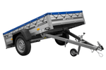 Enkelassige aanhanger met aluminium zijwanden 200x125 Unitrailer Garden 201 KIPP ALU met H-0 frame en blauwe afdekking