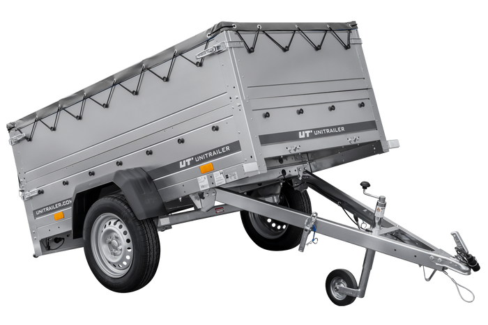 Aanhanger voor de Unitrailer GARDEN TRAILER 200 KIPP auto met steunwiel, twee zijkanten en een vlakke afdekking, grijs